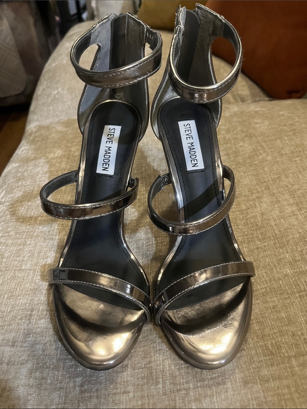 NEW SEXY Steve Madden Metallic Pewter Multi-Strap Ankle-Heel Sandals